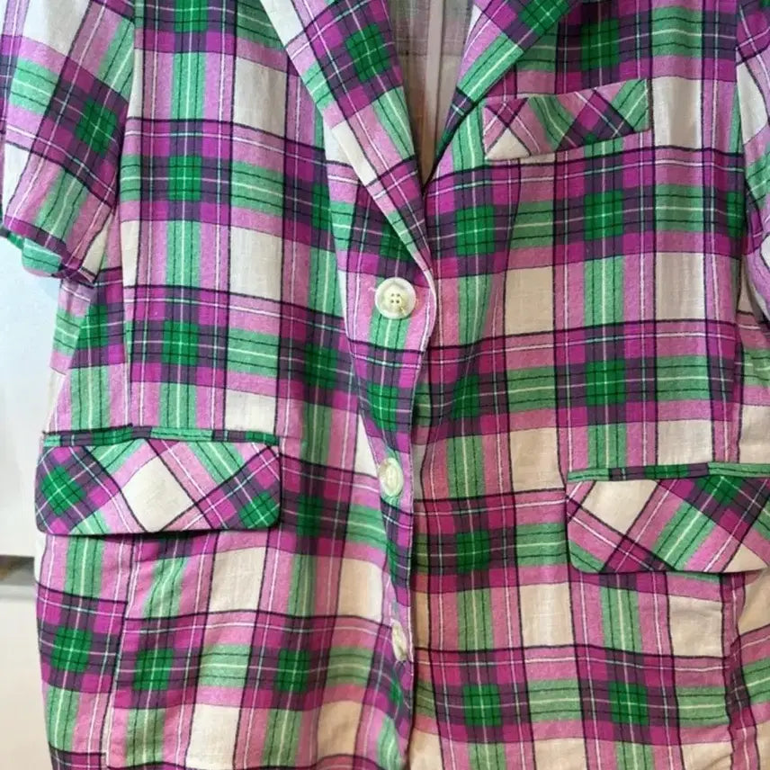 [BUNJANG] Linen Blend Check Short Sleeve Oversized Jacket / 체크 반팔 오버핏린넨자켓