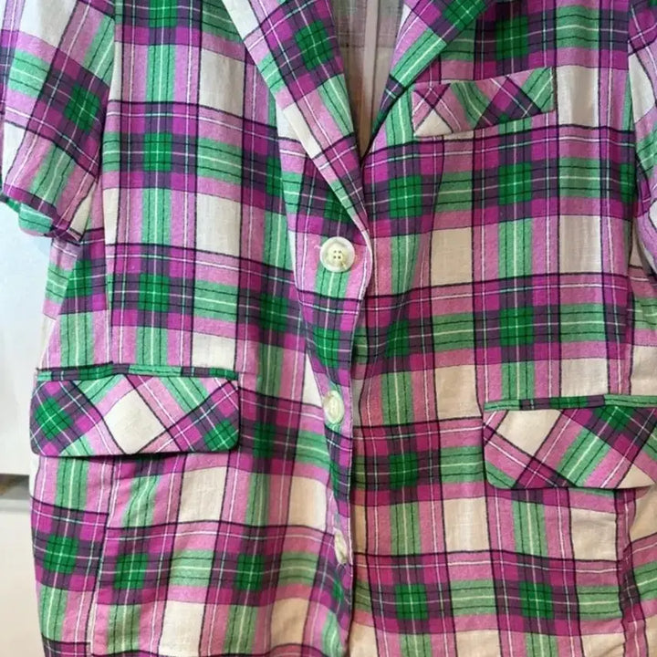 [BUNJANG] Linen Blend Check Short Sleeve Oversized Jacket / 체크 반팔 오버핏린넨자켓