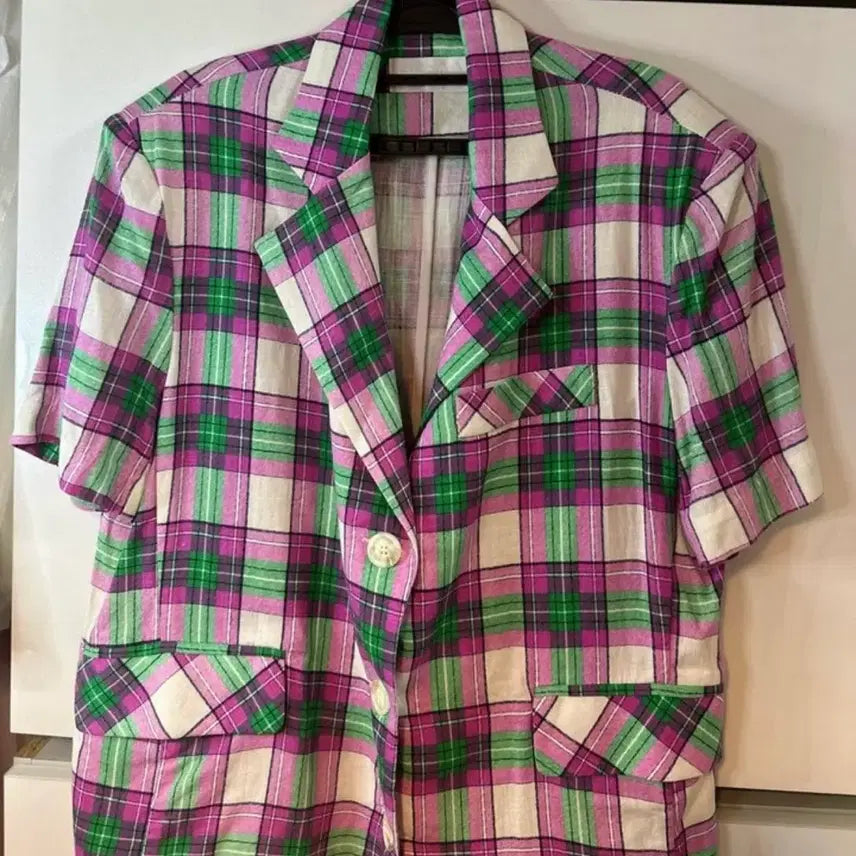 [BUNJANG] Linen Blend Check Short Sleeve Oversized Jacket / 체크 반팔 오버핏린넨자켓