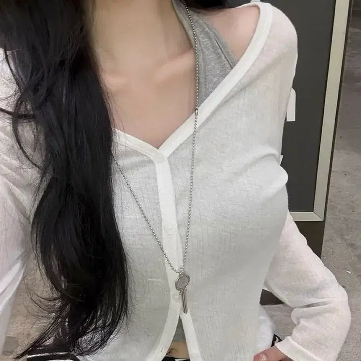 [BUNJANG] Baideli Pale See-through Long Sleeve Cardigan / 베이델리 페일 시스루 긴팔 가디건