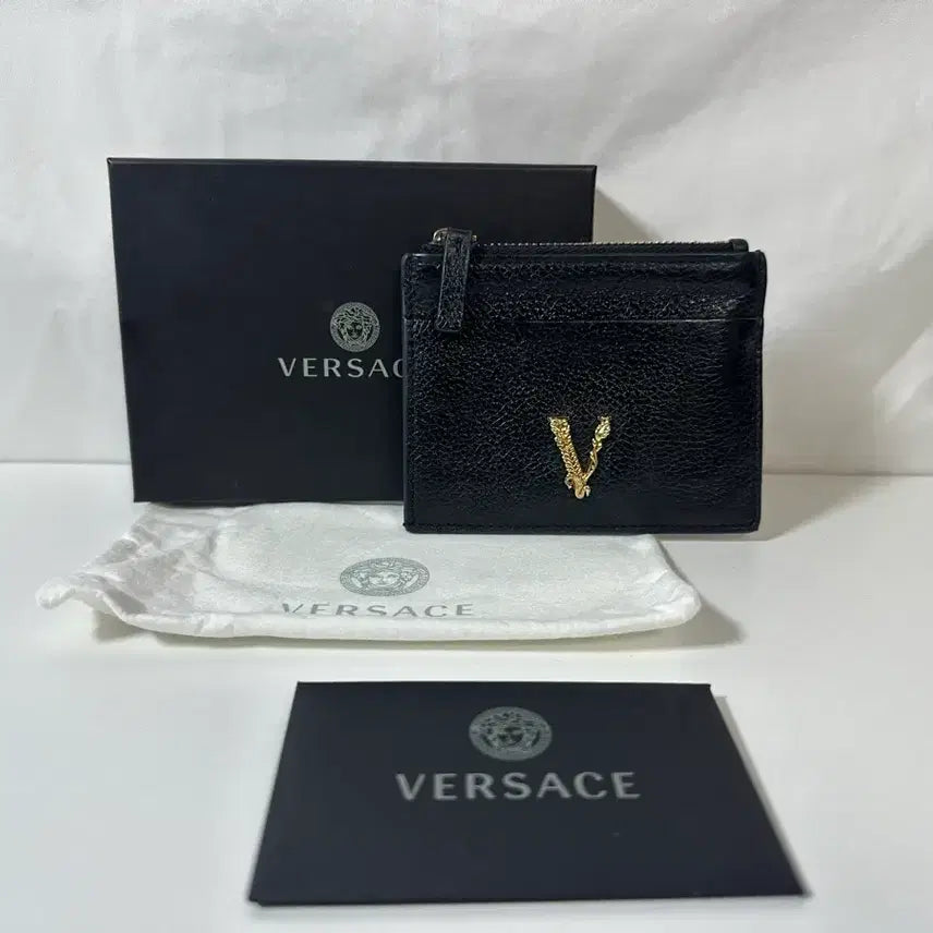 [BUNJANG] Versace V Logo Zipper Card Holder Black / 베르사체 V로고 지퍼 카드지갑 블랙 (OS)