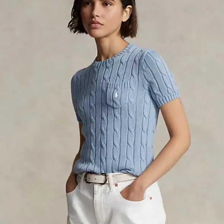 [BUNJANG] Polo Cable Knit Cotton Short Sleeve Top / 폴로 케이블 니트 코튼 숏 슬리브(화이트,스카이블루)