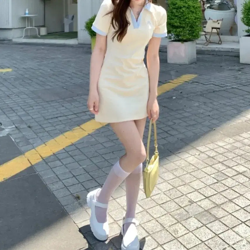 [BUNJANG] Collared Slim Waist Mini Dress / 카라넥 슬림 웨이스트 미니원피스-M