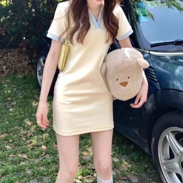 [BUNJANG] Collared Slim Waist Mini Dress / 카라넥 슬림 웨이스트 미니원피스-M