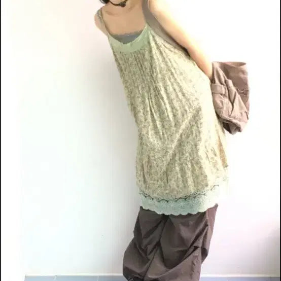 [SOLD OUT] 너의빈 유어빈 코티지 플라워 롱 원피스 연두 레이어드 나시