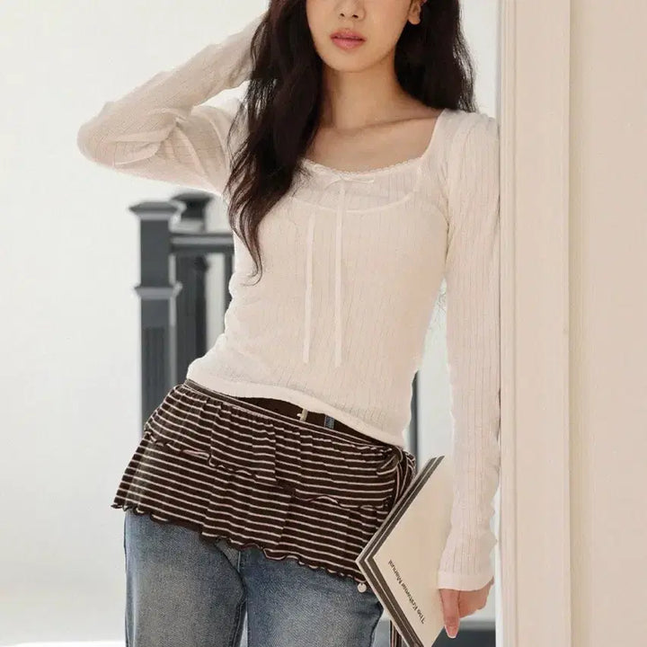 [BUNJANG] Twir シュ Tay Lace Long Sleeve T-shirt Ivory / 트위 르슈 타이 레이스  긴팔 티셔츠 아이보리