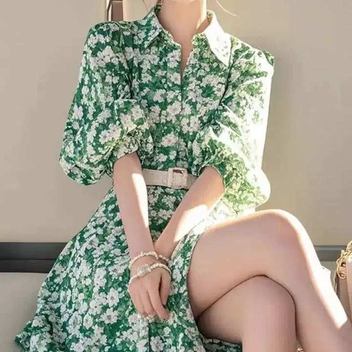 [BUNJANG] Collar Neck Flower Dress M / 카라넥 플라워 셔츠 원피스-M