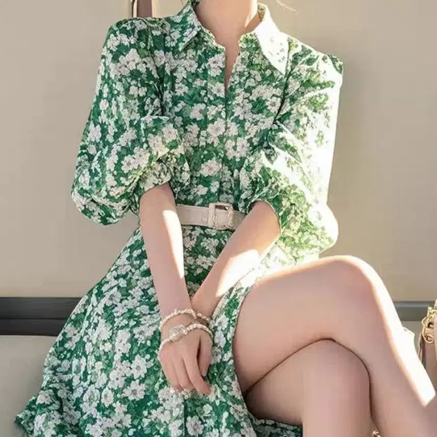 [BUNJANG] Collar Neck Flower Dress M / 카라넥 플라워 셔츠 원피스-M
