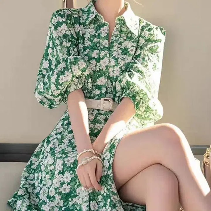 [BUNJANG] Collar Neck Flower Dress M / 카라넥 플라워 셔츠 원피스-M