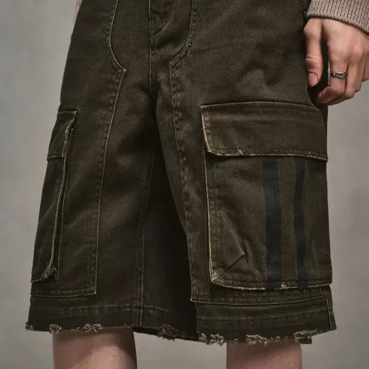 [BUNJANG] Elmood Cargo Wide Half Denim Pants (Khaki, Size 48) / [새제품급]엘무드 카고와이드 하프데님팬츠 반바지(48/카키)