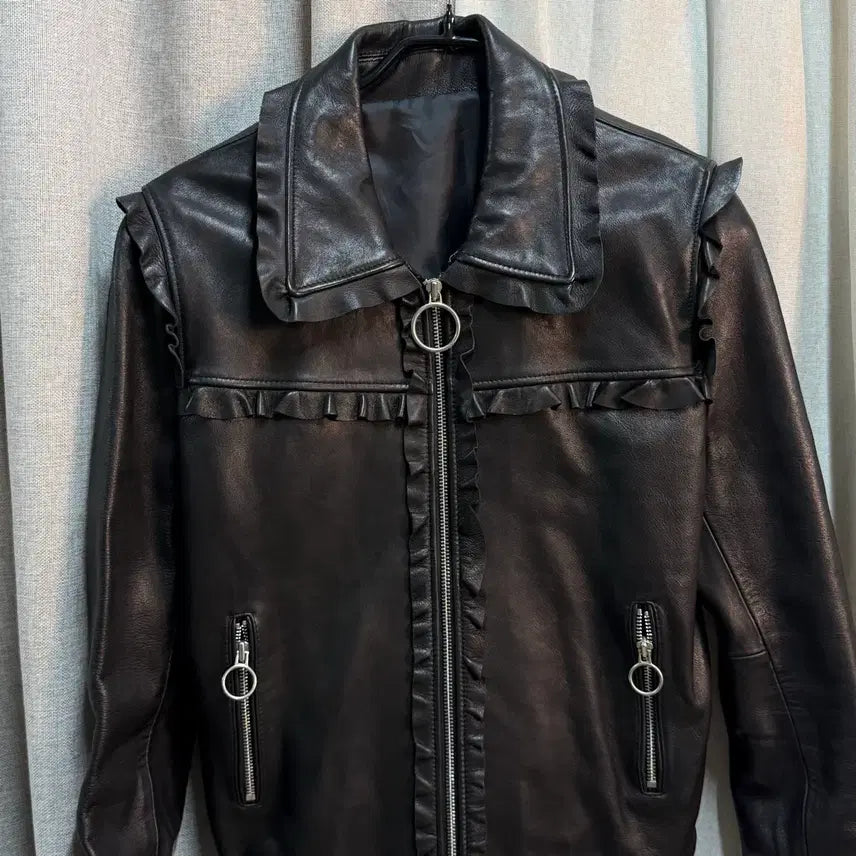 [BUNJANG] Mingotree Lambskin Leather Frill Jacket / 이탈리아 양가죽 100% 민고트리 프릴 레더 자켓 (L/66)
