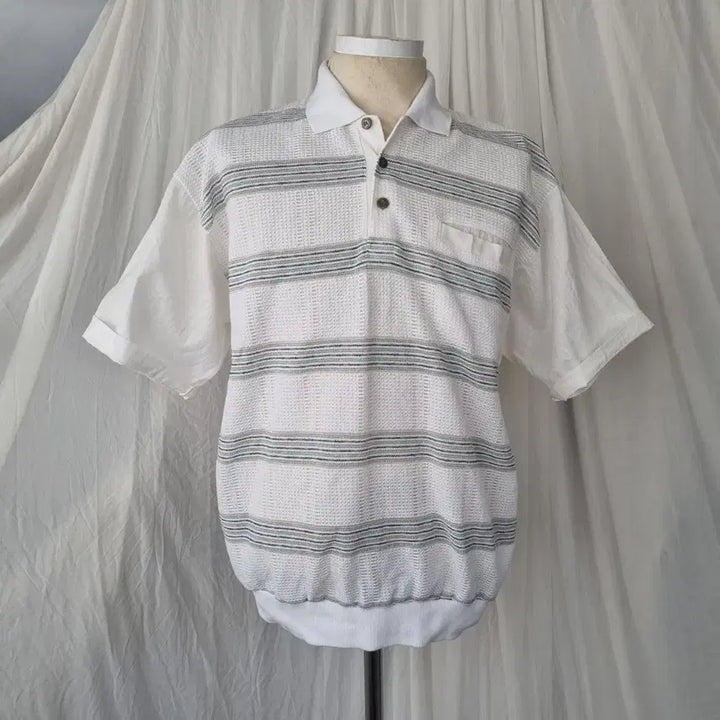 [BUNJANG] White Linen Stripe Short Sleeve Polo T-Shirt (L) / 화이트 린넨 스트라이프 반팔 카라 티셔츠