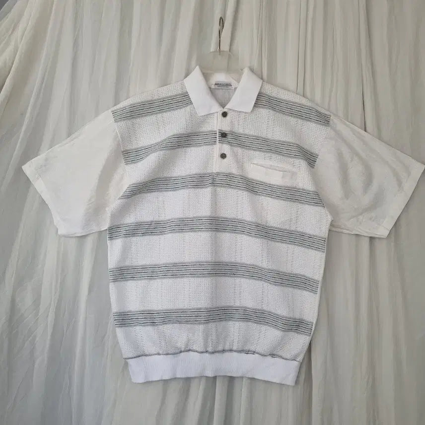 [BUNJANG] White Linen Stripe Short Sleeve Polo T-Shirt (L) / 화이트 린넨 스트라이프 반팔 카라 티셔츠
