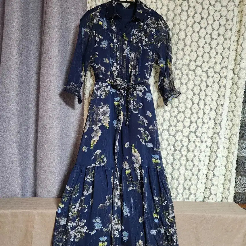 [BUNJANG] Flamingo Flower Long Shirt Dress Navy / 플라밍고 플라워 롱 셔츠 원피스 네이비