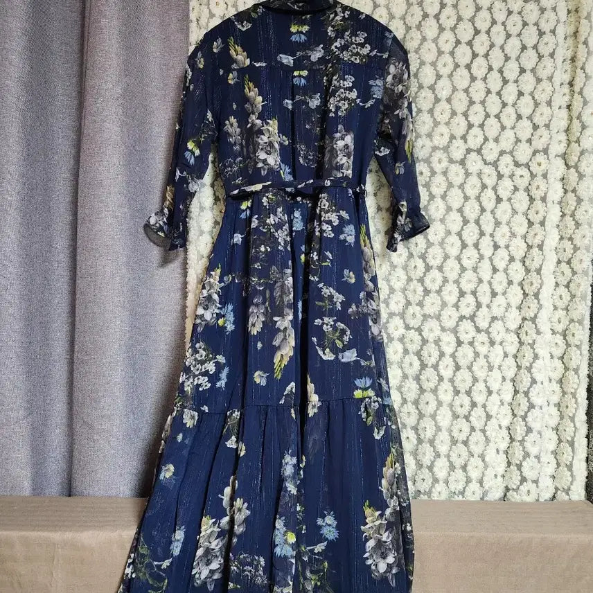 [BUNJANG] Flamingo Flower Long Shirt Dress Navy / 플라밍고 플라워 롱 셔츠 원피스 네이비