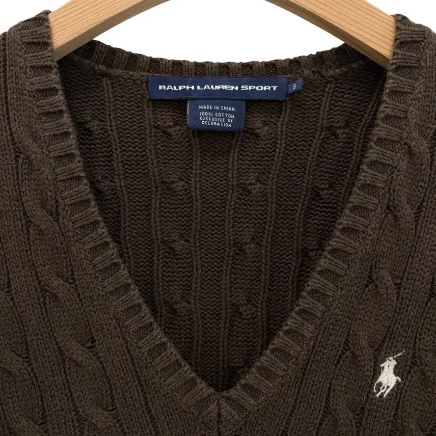[BUNJANG] Polo Ralph Lauren Brown Cable Knit V-Neck Sweater (Women&