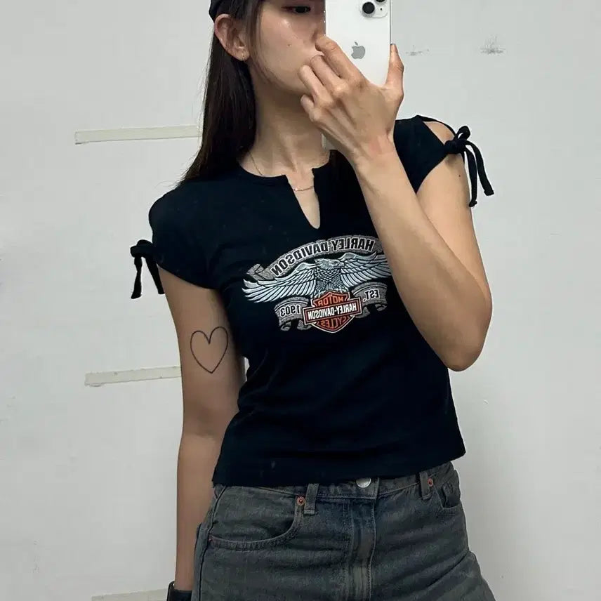 [BUNJANG] Harley-Davidson Vintage Graphic Crop T-Shirt Navy / 할리 데이비슨 빈티지 그래픽 크롭 티셔츠 네이비