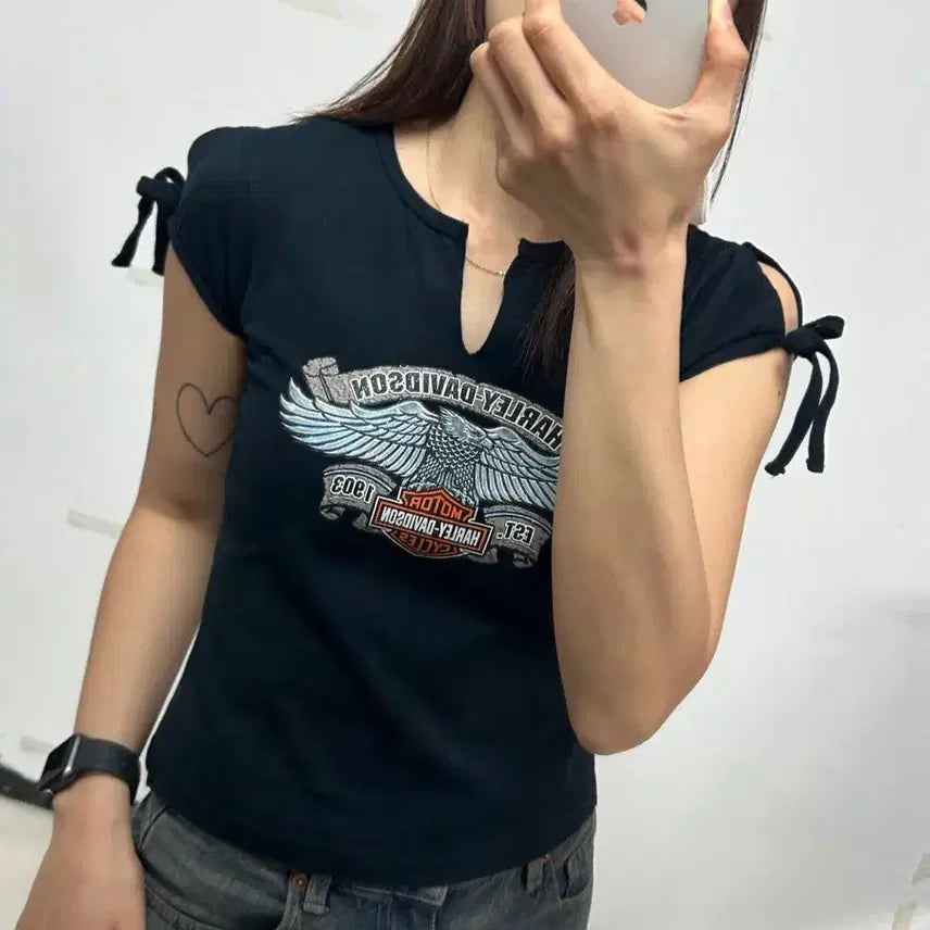 [BUNJANG] Harley-Davidson Vintage Graphic Crop T-Shirt Navy / 할리 데이비슨 빈티지 그래픽 크롭 티셔츠 네이비