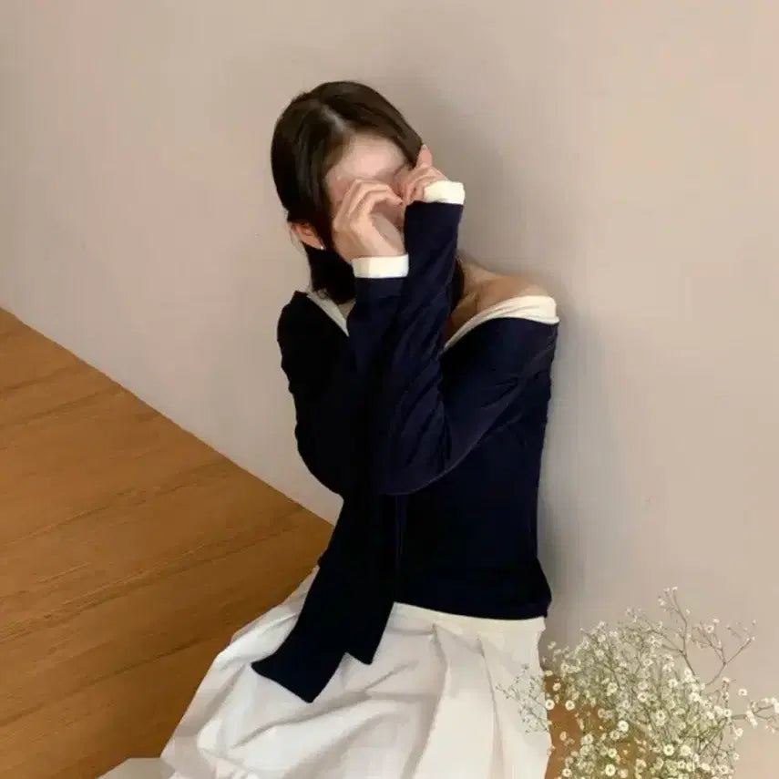 [BUNJANG] (새상품)리본오프숄더 타이오프숄더 배색리본니트 / (새상품)리본오프숄더 타이오프숄더 배색리본니트