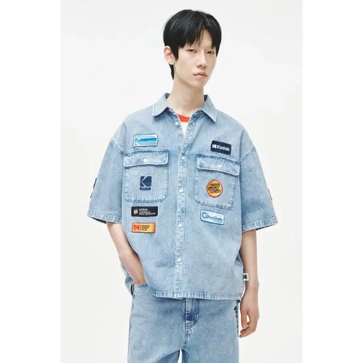 [SOLD OUT] h&amp;m kodak 아플리케 코튼 데님 셔츠 루즈핏