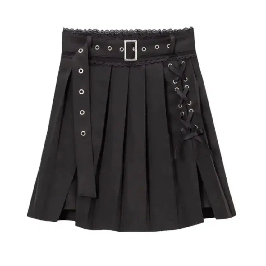[BUNJANG] Dear My Love Pleated Eyelet Skirt Black / 디마럽 지뢰계 플리츠 아일렛 스커트 블랙 교판
