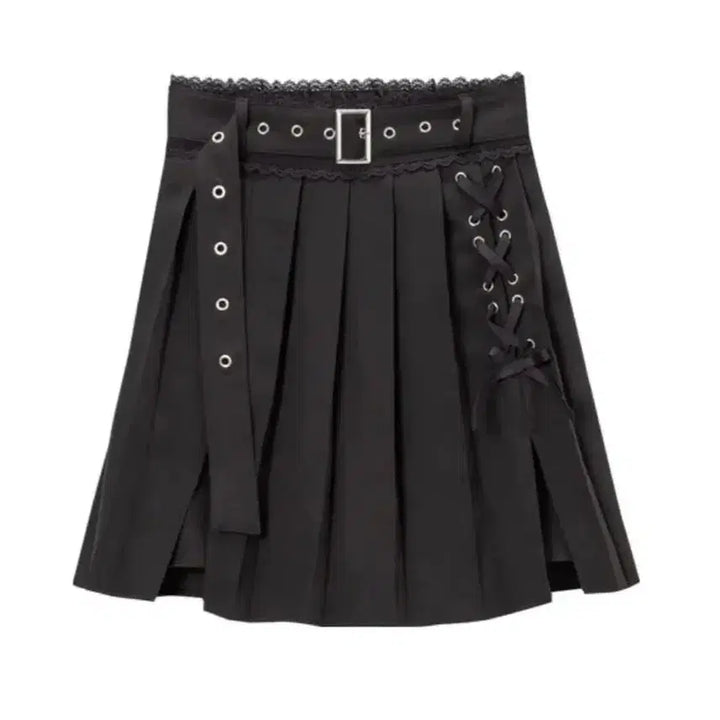 [BUNJANG] Dear My Love Pleated Eyelet Skirt Black / 디마럽 지뢰계 플리츠 아일렛 스커트 블랙 교판