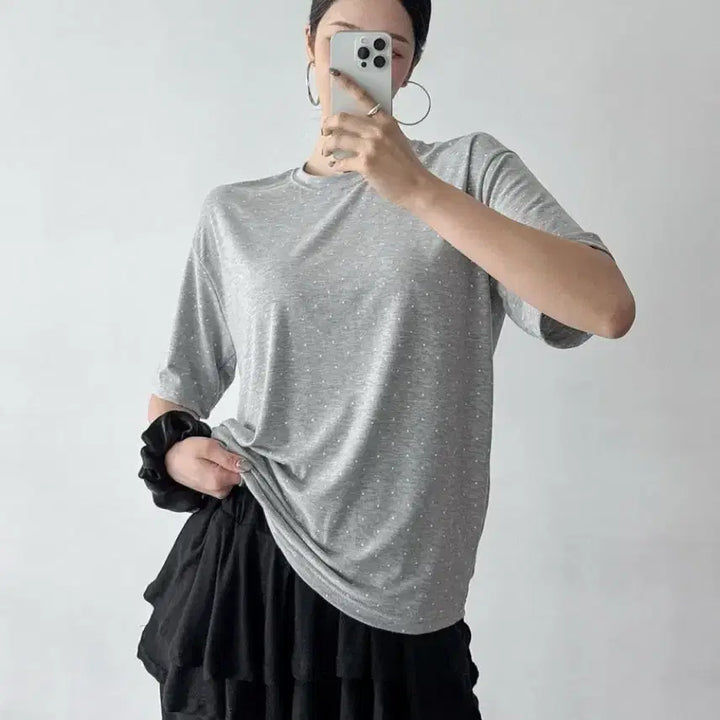 [BUNJANG] Gray Dotted Short Sleeve T-Shirt / 회색 잔 도트 반팔 티셔츠 새상품 루즈핏 55-77 빅사이즈 가능