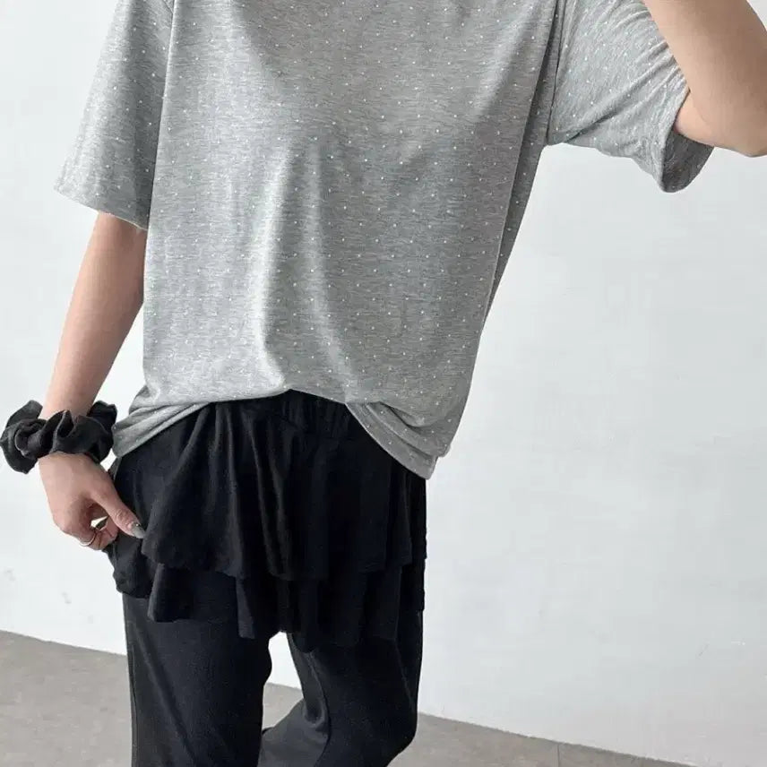 [BUNJANG] Gray Dotted Short Sleeve T-Shirt / 회색 잔 도트 반팔 티셔츠 새상품 루즈핏 55-77 빅사이즈 가능
