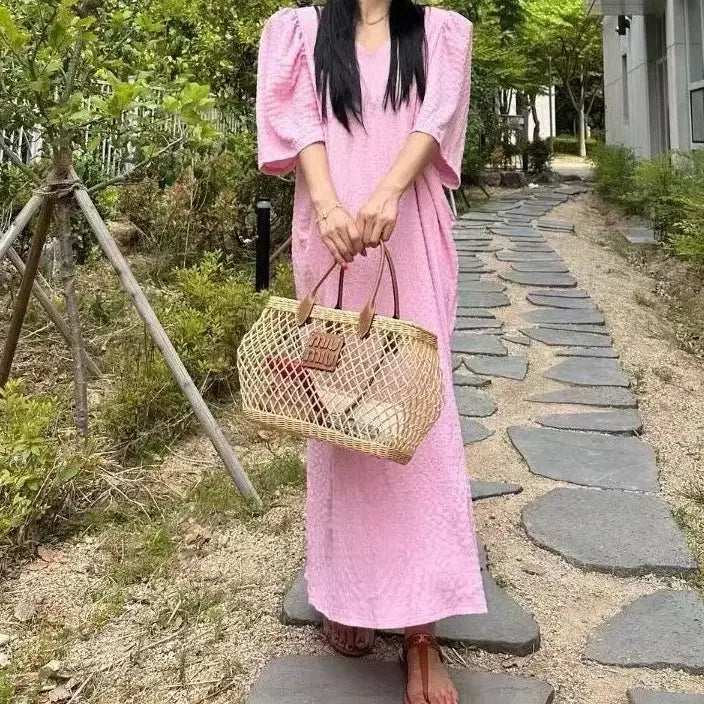 [BUNJANG] Square Waffle Knit Fabric Long Dress / 사각와플 짜임 슬랙스 소재감의 원핏