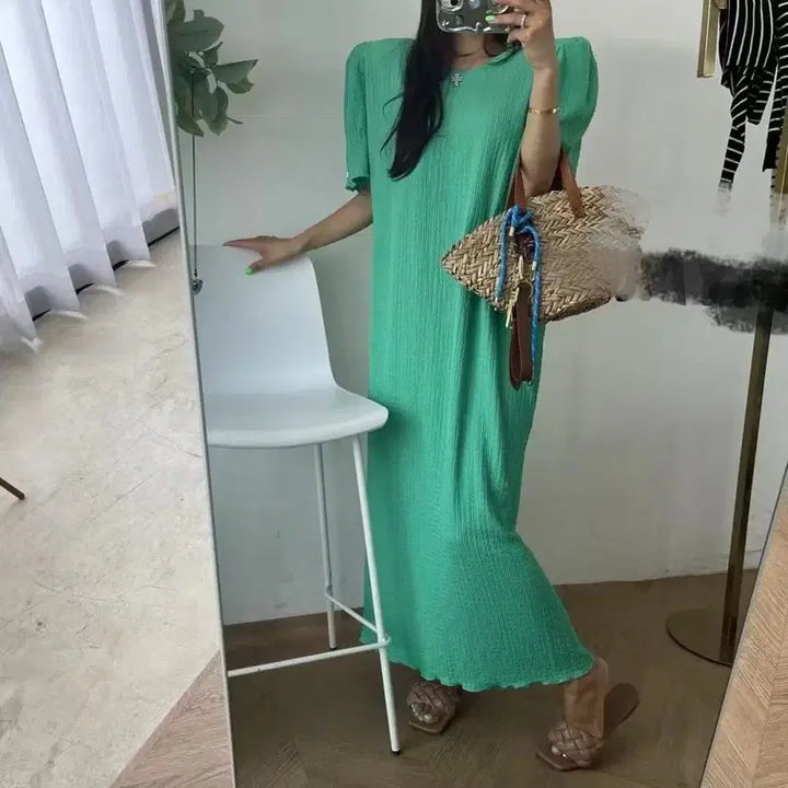 [BUNJANG] Square Waffle Knit Fabric Long Dress / 사각와플 짜임 슬랙스 소재감의 원핏