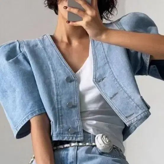[BUNJANG] Puff Cropped Denim Jacket / 퍼프 반크롭 청자켓