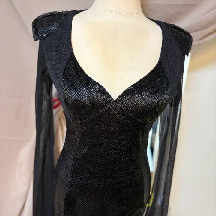 [BUNJANG] Black See-through Snake Print Long Sleeve Mini Dress / 블랙 시스루 뱀피 롱슬리브 미니 원피스S