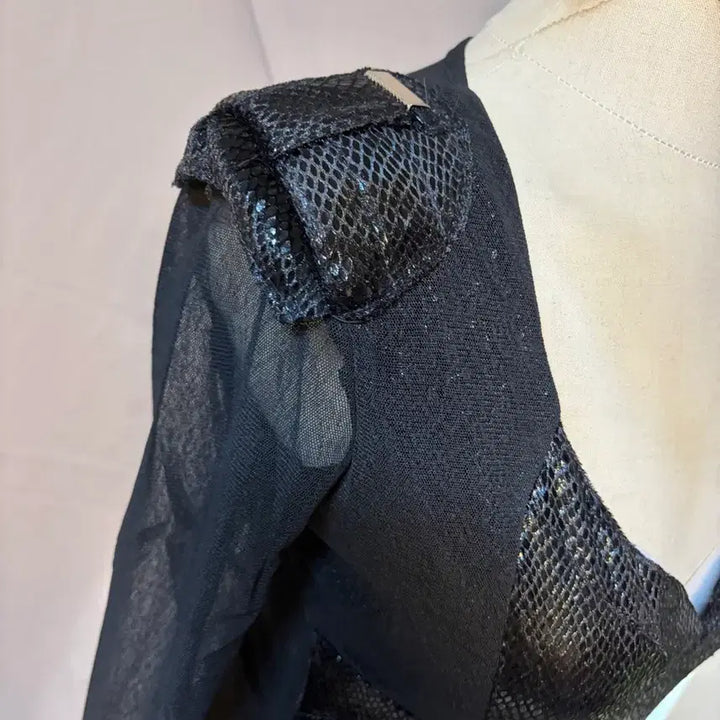 [BUNJANG] Black See-through Snake Print Long Sleeve Mini Dress / 블랙 시스루 뱀피 롱슬리브 미니 원피스S