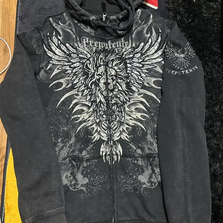 [BUNJANG] Prepotente Black Printing Hoodie Zip-up / Prepotente 블랙 프린팅 후드집업