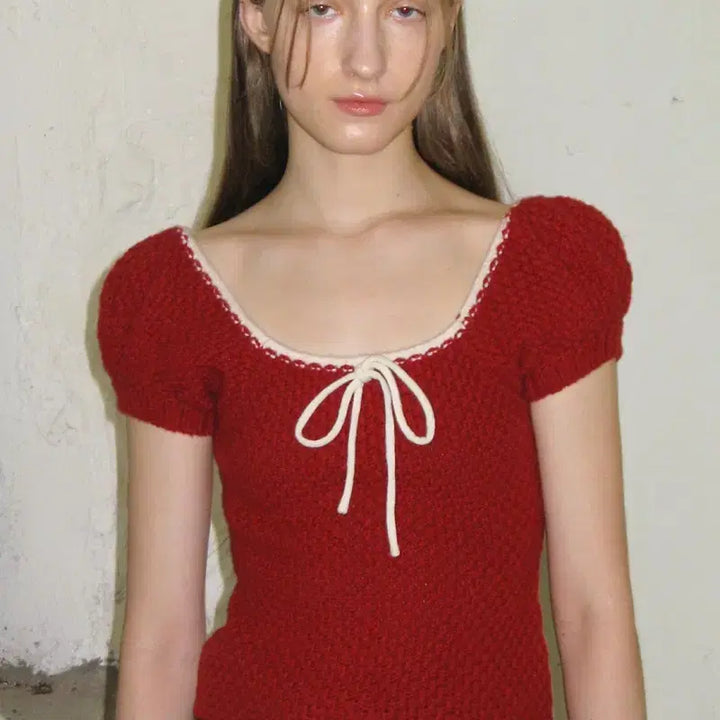 [BUNJANG] Sinoon Short Sleeve Ribbon Puff Knit / 시눈 반팔 리본 퍼프 니트