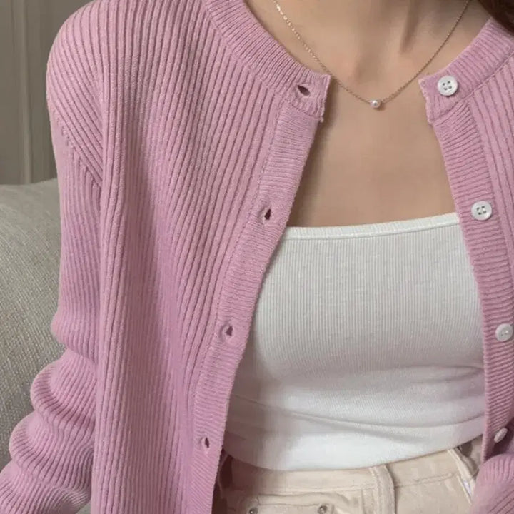 [BUNJANG] Robin.you Pink Ribbed Knit Cardigan / 핑크 골지 니트 가디건 (로빈유)