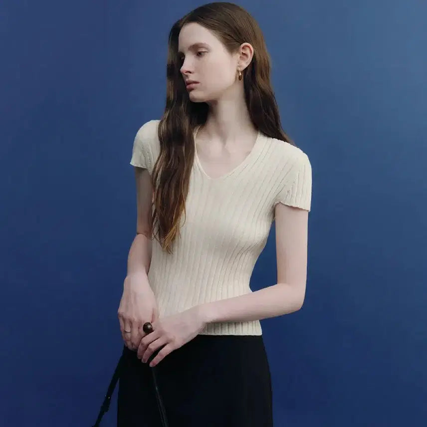 [BUNJANG] For Your Eyes Only Ribbed V-Neck Knit Cream S / 포유어아이즈온리 포유온 수리 리브드 브이넥 니트S