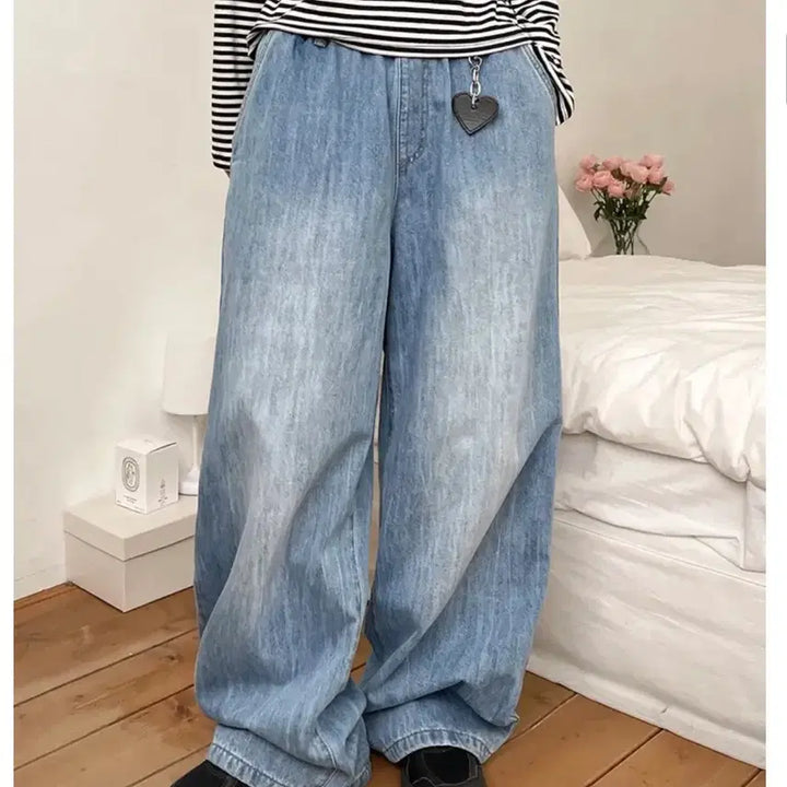 [BUNJANG] Dangdang Girl Wide Banding Washed Denim Pants (Light Blue) / 당당걸 와이드 밴딩 워싱 데님 팬츠 (연청)
