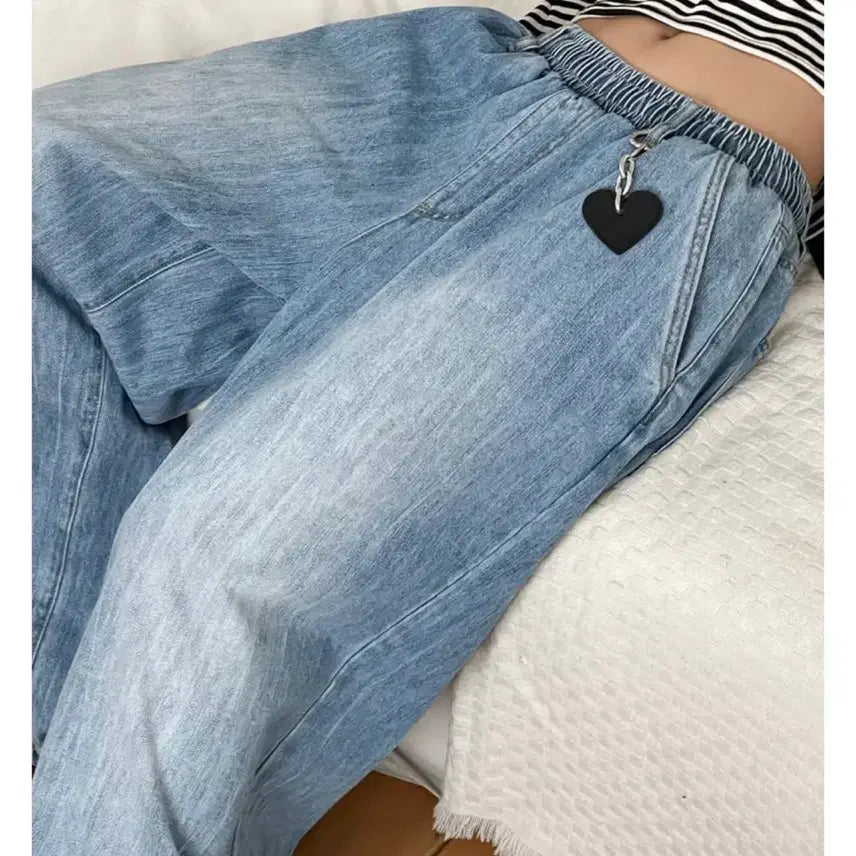 [BUNJANG] Dangdang Girl Wide Banding Washed Denim Pants (Light Blue) / 당당걸 와이드 밴딩 워싱 데님 팬츠 (연청)