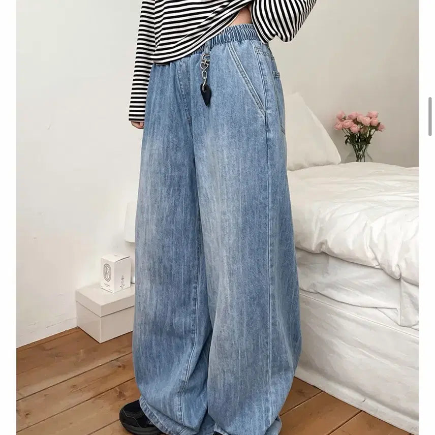 [BUNJANG] Dangdang Girl Wide Banding Washed Denim Pants (Light Blue) / 당당걸 와이드 밴딩 워싱 데님 팬츠 (연청)