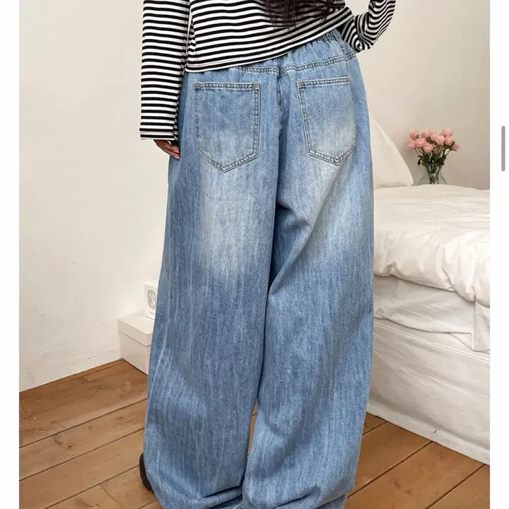 [BUNJANG] Dangdang Girl Wide Banding Washed Denim Pants (Light Blue) / 당당걸 와이드 밴딩 워싱 데님 팬츠 (연청)