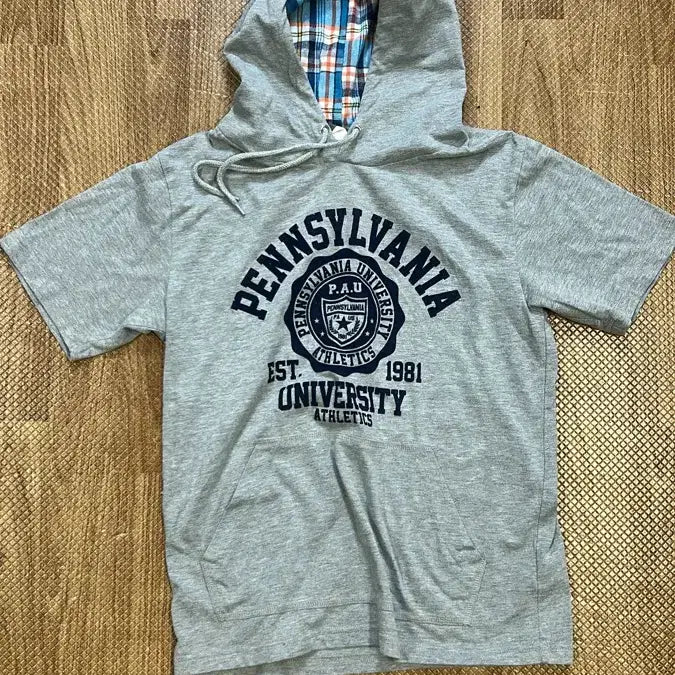 [BUNJANG] Checkered Plaid Short Sleeve Hoodie T-Shirt / 체크 회색 반팔 후드티