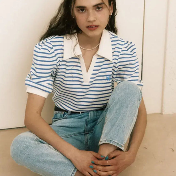 [BUNJANG] Your Name Here Blue Stripe Polo T-Shirt / 유어네임히얼 행복한 여름 카라티 블루 스트라이프