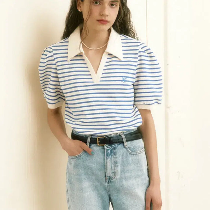 [BUNJANG] Your Name Here Blue Stripe Polo T-Shirt / 유어네임히얼 행복한 여름 카라티 블루 스트라이프