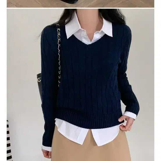 [BUNJANG] Mini Bbong Navy V-neck Knit Sweater / 미니뽕 네이비 브이넥 니트