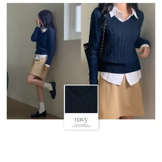 [BUNJANG] Mini Bbong Navy V-neck Knit Sweater / 미니뽕 네이비 브이넥 니트