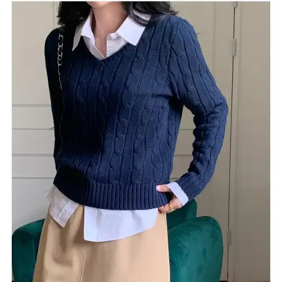 [BUNJANG] Mini Bbong Navy V-neck Knit Sweater / 미니뽕 네이비 브이넥 니트