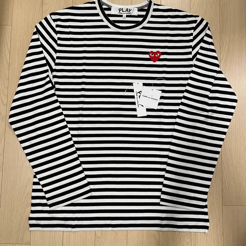 [BUNJANG] Comme des Garçons Red Heart Patch Border Tee Striped T-shirt Black L / [거의 새제품] 꼼데가르송 레드와펜 보더티 스트라이프티 블랙 L