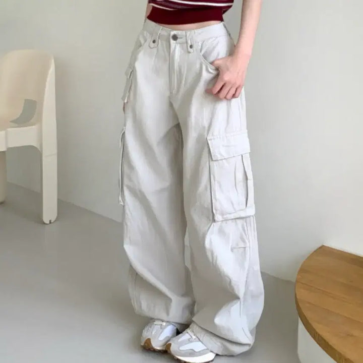 [BUNJANG] Joy Joy Cargo Wide Pants Cream XL / 조이조이 카고 빅포켓 빈티지 코튼 와이드 팬츠 크림 기본 XL