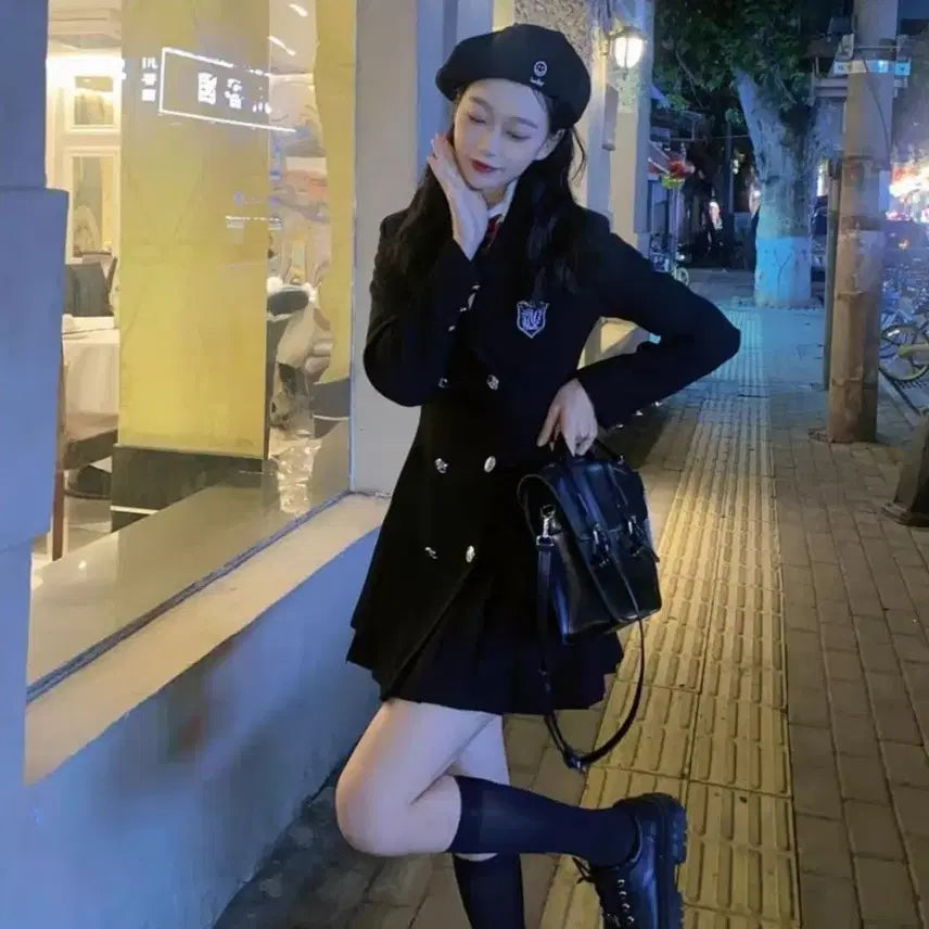 [BUNJANG] British School Uniform Style A-Line Coat with Tie and Optional Beret / (인기)프레피룩 영국교복 정장 코트 하이틴 졸사 컨셉 하객 제복